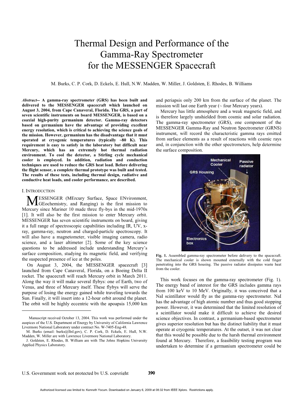 Thermal Design and Performance of the Gamma-Ray Spectrometer for the MESSENGER Spacecraft