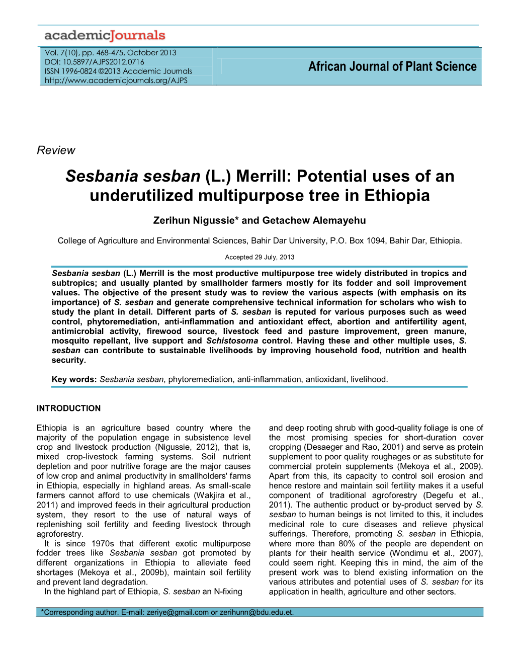 Sesbania Sesban (L.) Merrill: Potential Uses of an Underutilized Multipurpose Tree in Ethiopia