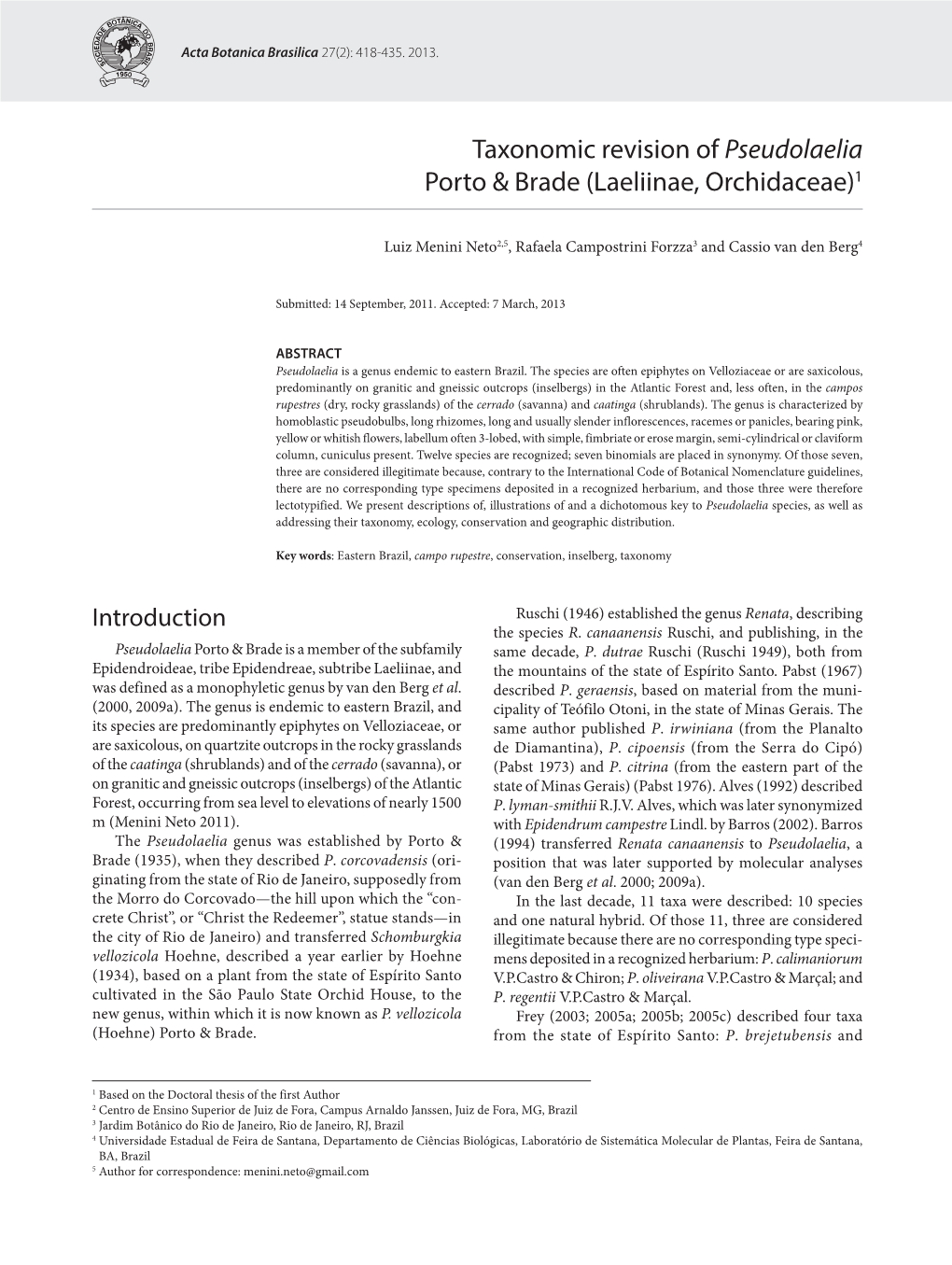 Taxonomic Revision of Pseudolaelia Porto & Brade (Laeliinae