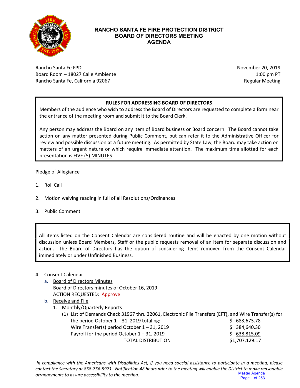 Rancho Santa Fe Fire Protection District Board of Directors Meeting Agenda