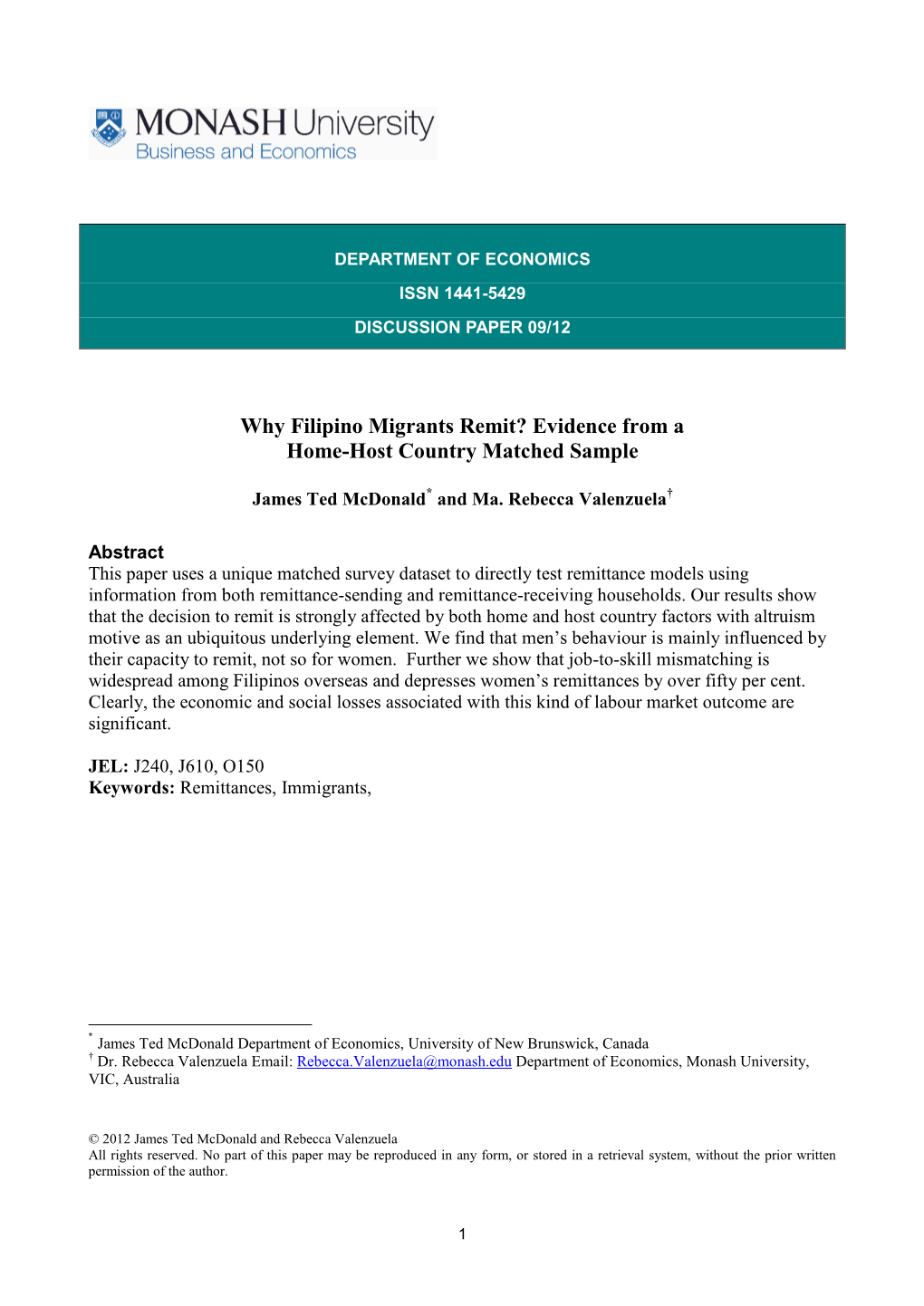 Why Filipino Migrants Remit? Evidence from a Home-Host Country Matched Sample