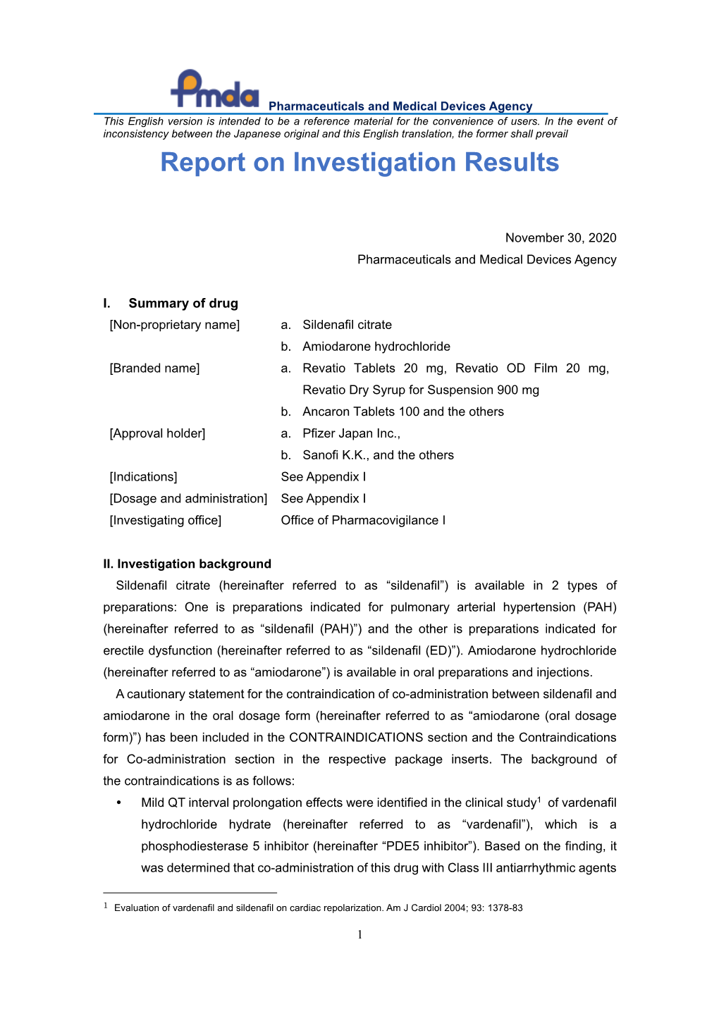 Report on Investigation Results