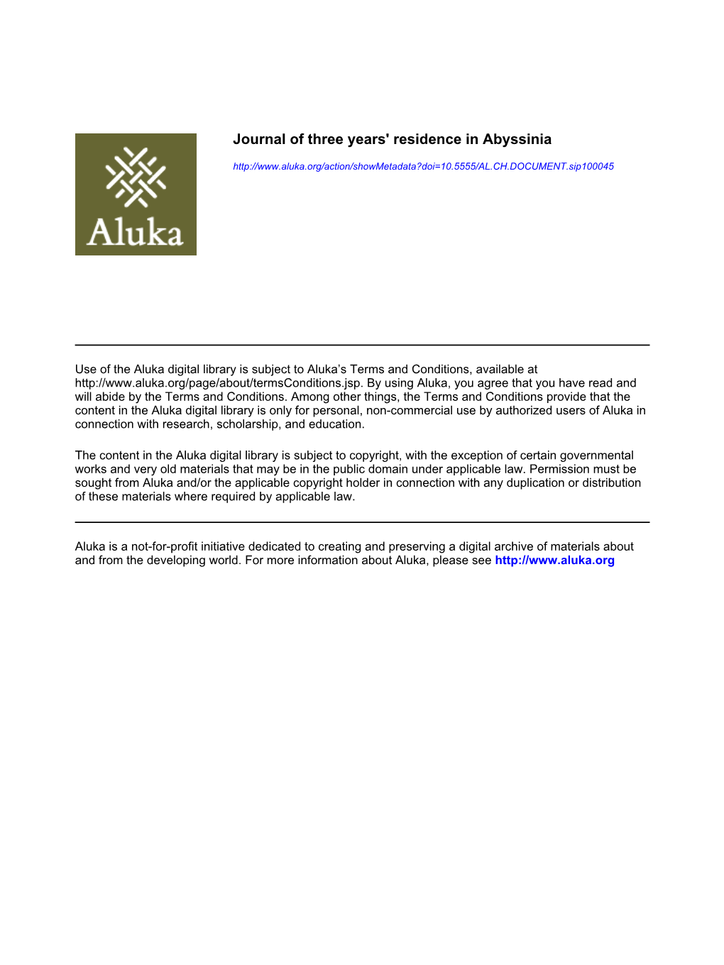 Journal of Three Years' Residence in Abyssinia