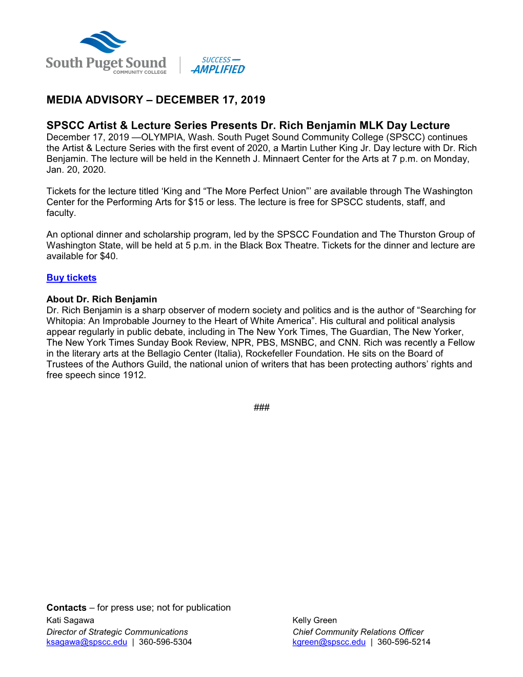 MEDIA ADVISORY – DECEMBER 17, 2019 SPSCC Artist & Lecture