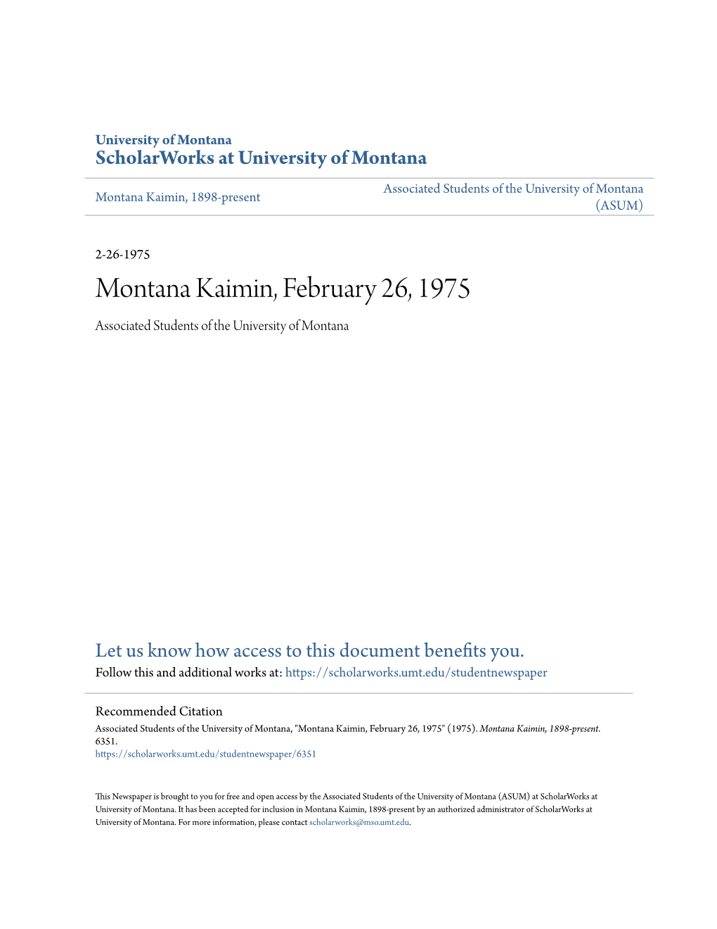 Montana Kaimin, February 26, 1975 Associated Students of the University of Montana