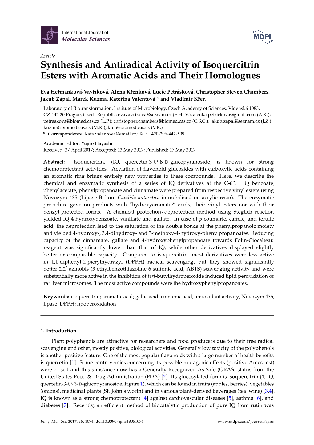 Synthesis and Antiradical Activity of Isoquercitrin Esters with Aromatic Acids and Their Homologues