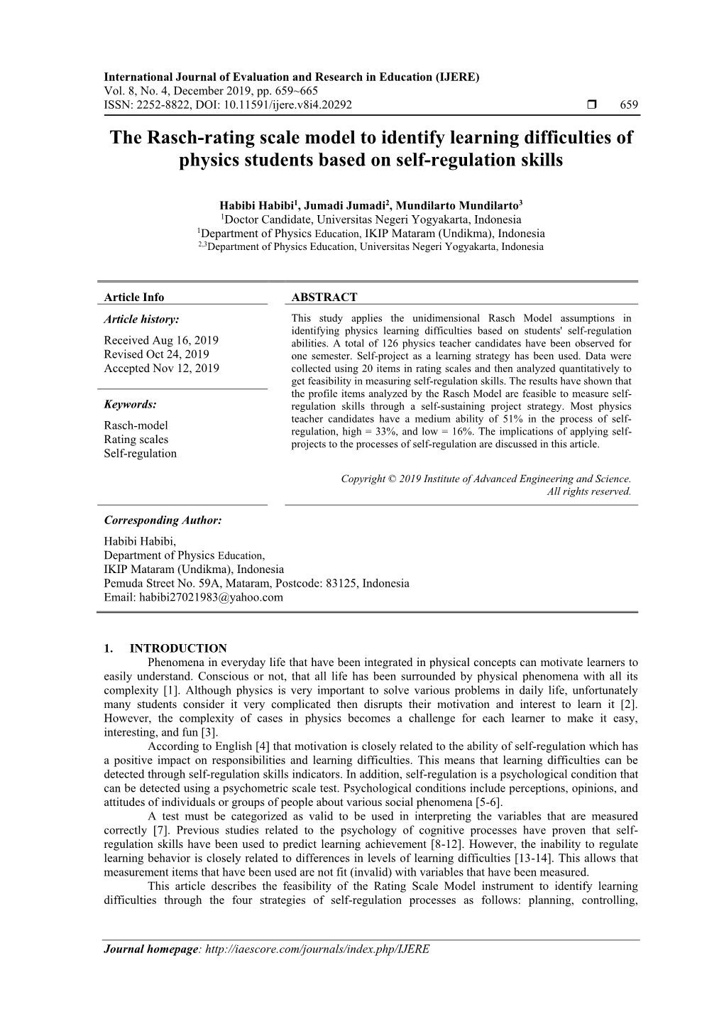 The Rasch-Rating Scale Model to Identify Learning Difficulties of Physics Students Based on Self-Regulation Skills