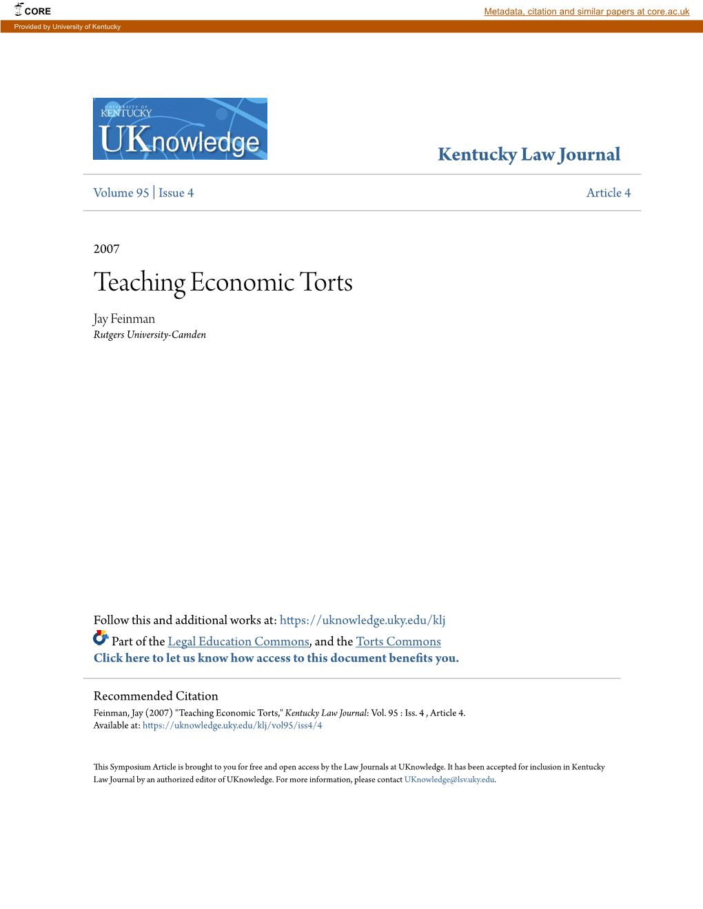 Teaching Economic Torts Jay Feinman Rutgers University-Camden