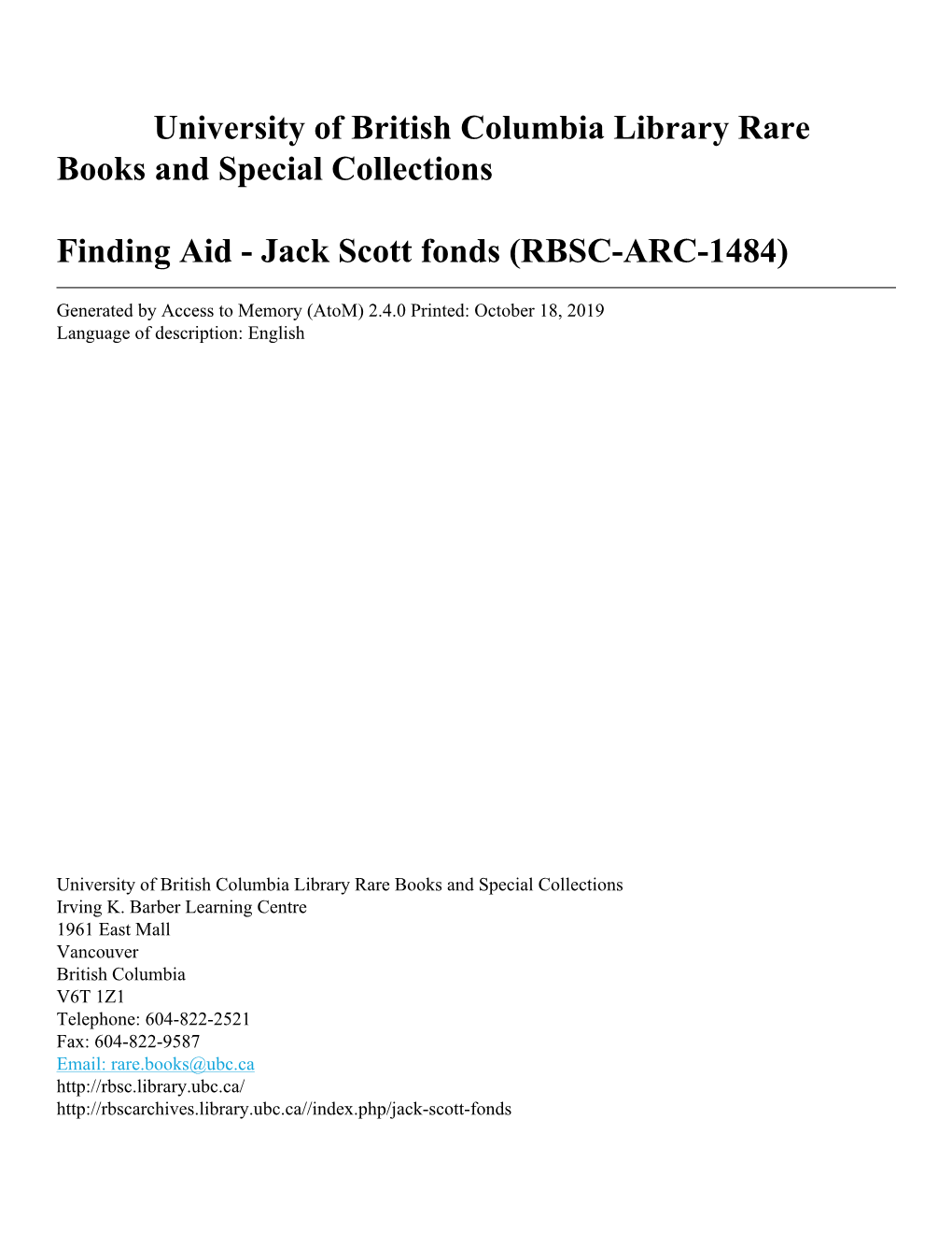 University of British Columbia Library Rare Books and Special Collections