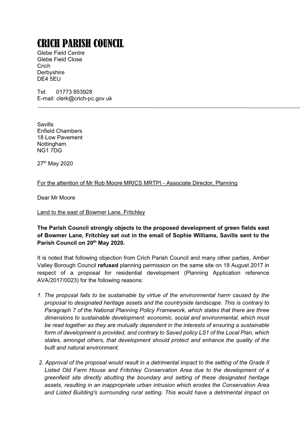 Proposed Development of Green Fields East of Bowmer Lane, Fritchley Set out in the Email of Sophie Williams, Savills Sent to the Parish Council on 20Th May 2020
