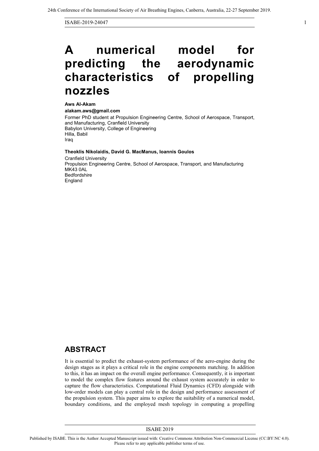 A Numerical Model for Predicting the Aerodynamic Characteristics of Propelling Nozzles