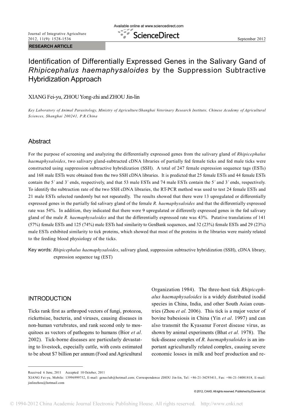 Rhipicephalus Haemaphysaloides by the Suppression Subtractive Hybridization Approach