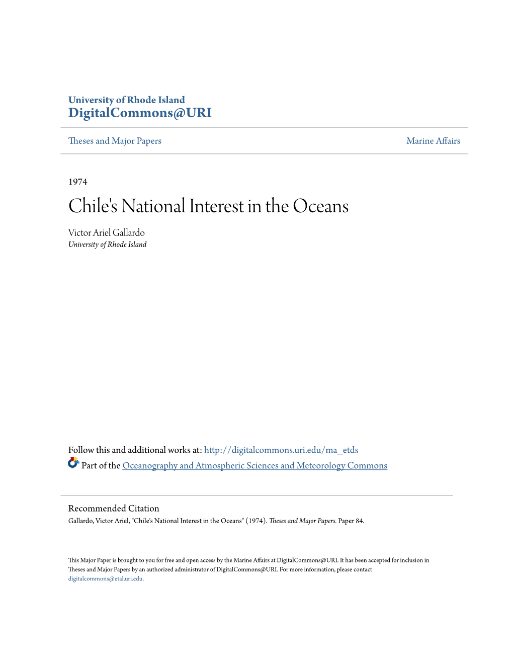 Chile's National Interest in the Oceans Victor Ariel Gallardo University of Rhode Island