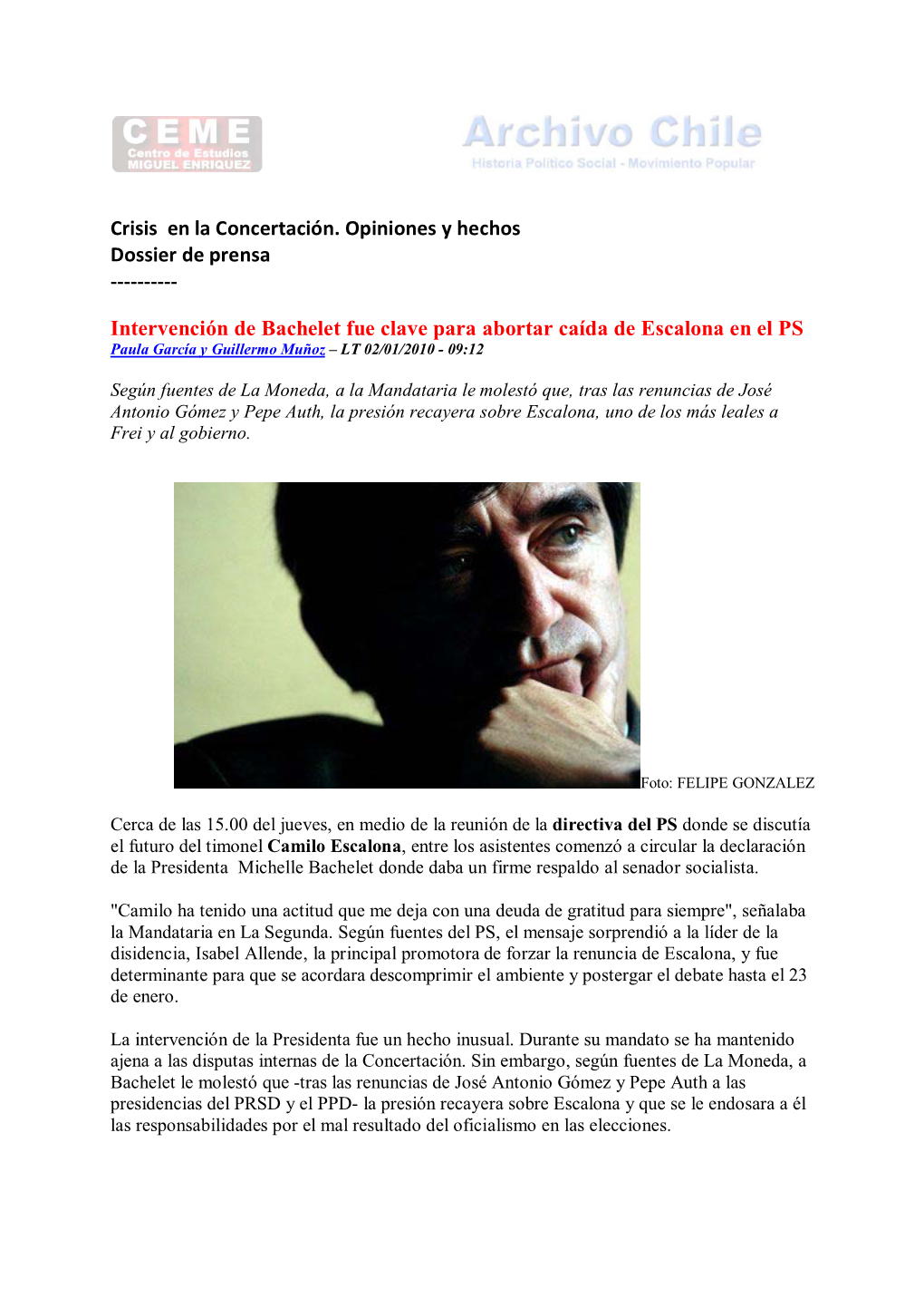 2010 01 03 Crisis En La Concertación. Opiniones Y Hechos. Dossier De