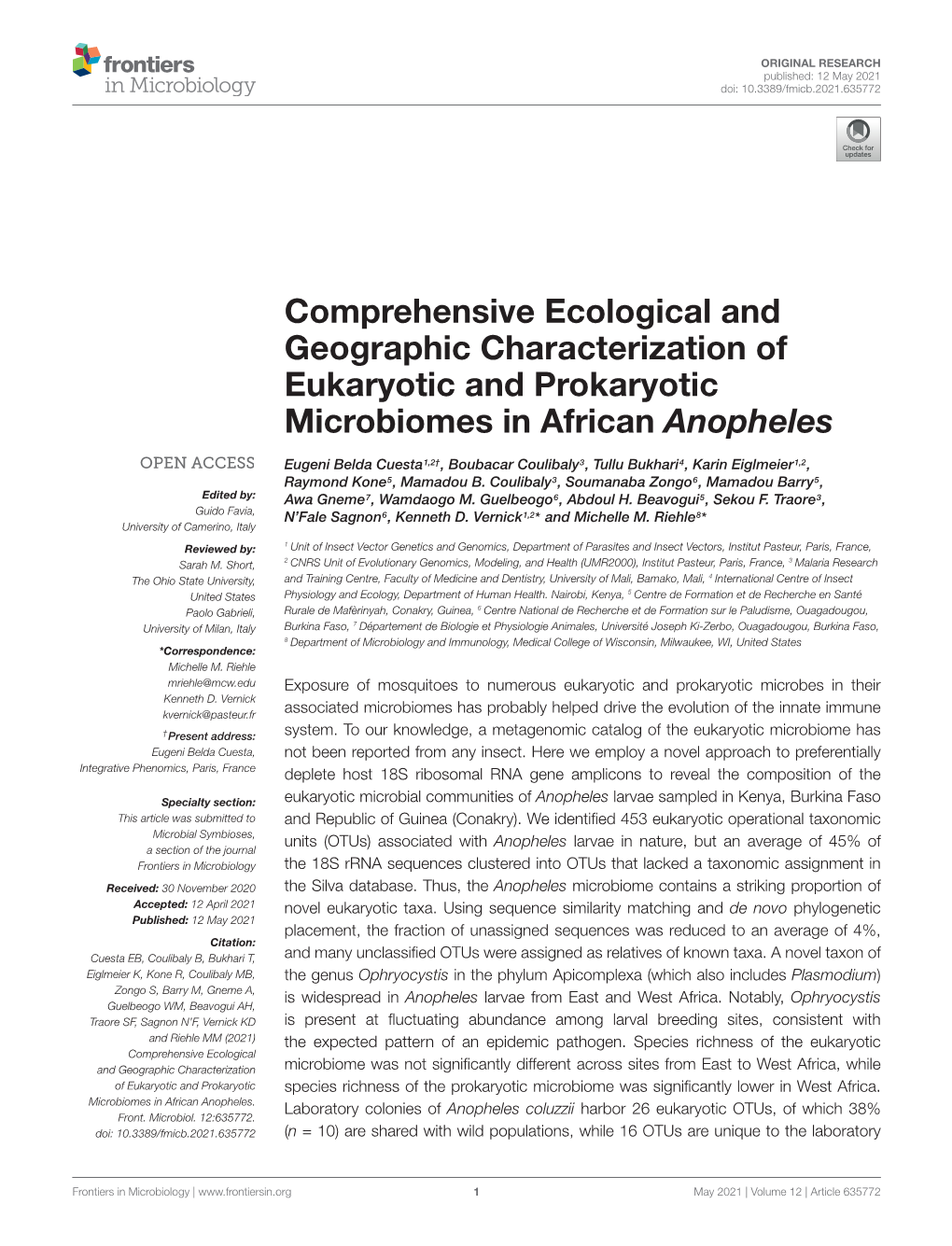 Comprehensive Ecological and Geographic Characterization of Eukaryotic and Prokaryotic Microbiomes in African Anopheles