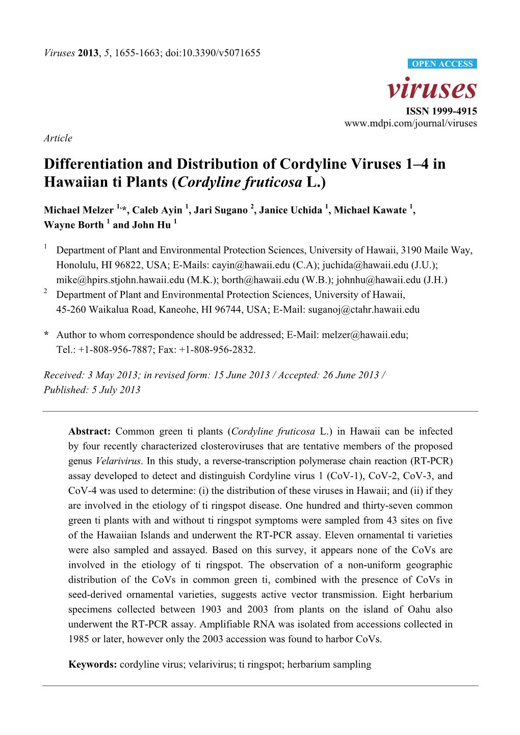 Differentiation and Distribution of Cordyline Viruses 1–4 in Hawaiian Ti Plants (Cordyline Fruticosa L.)