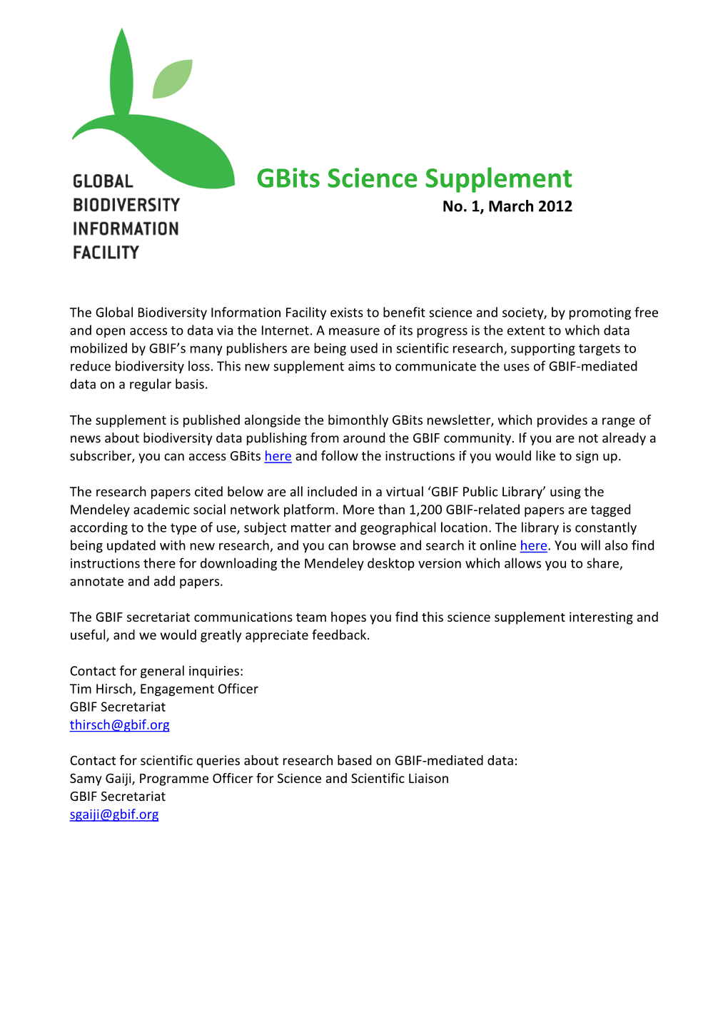 Gbits Science Supplement No