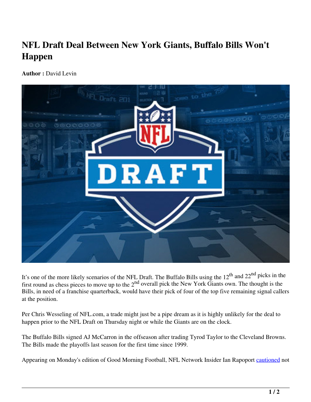 NFL Draft Deal Between New York Giants, Buffalo Bills Won&#8217