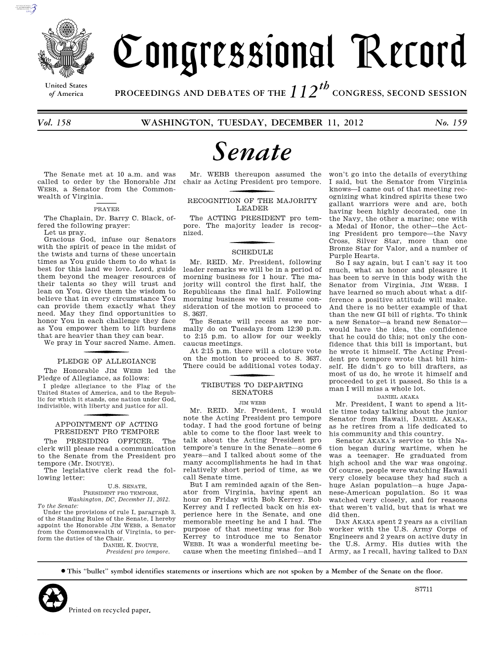 Congressional Record United States Th of America PROCEEDINGS and DEBATES of the 112 CONGRESS, SECOND SESSION