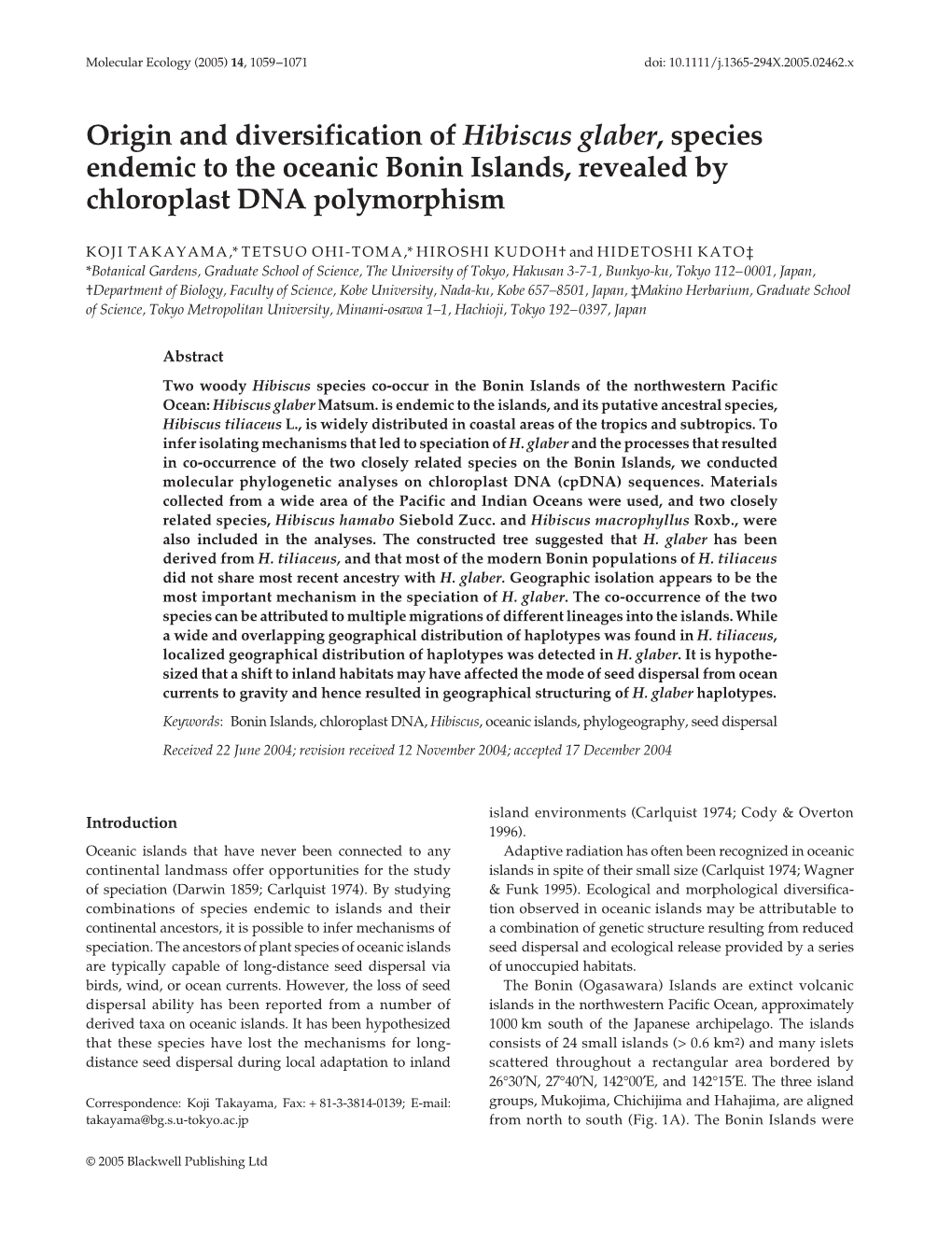 Origin and Diversification of Hibiscus Glaber 1061