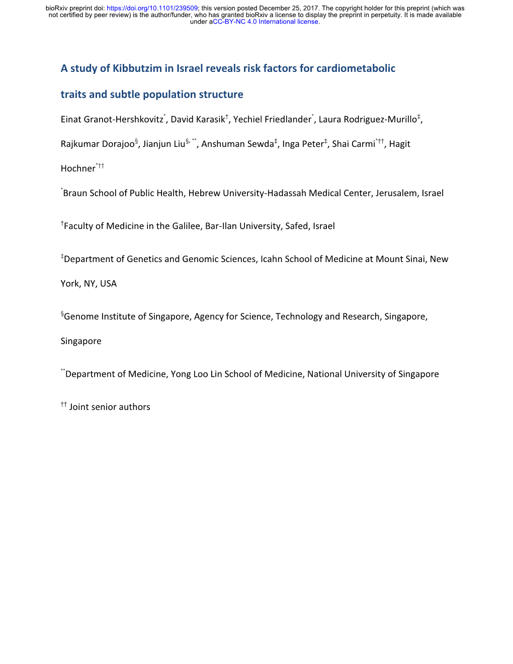 A Study of Kibbutzim in Israel Reveals Risk Factors for Cardiometabolic Traits