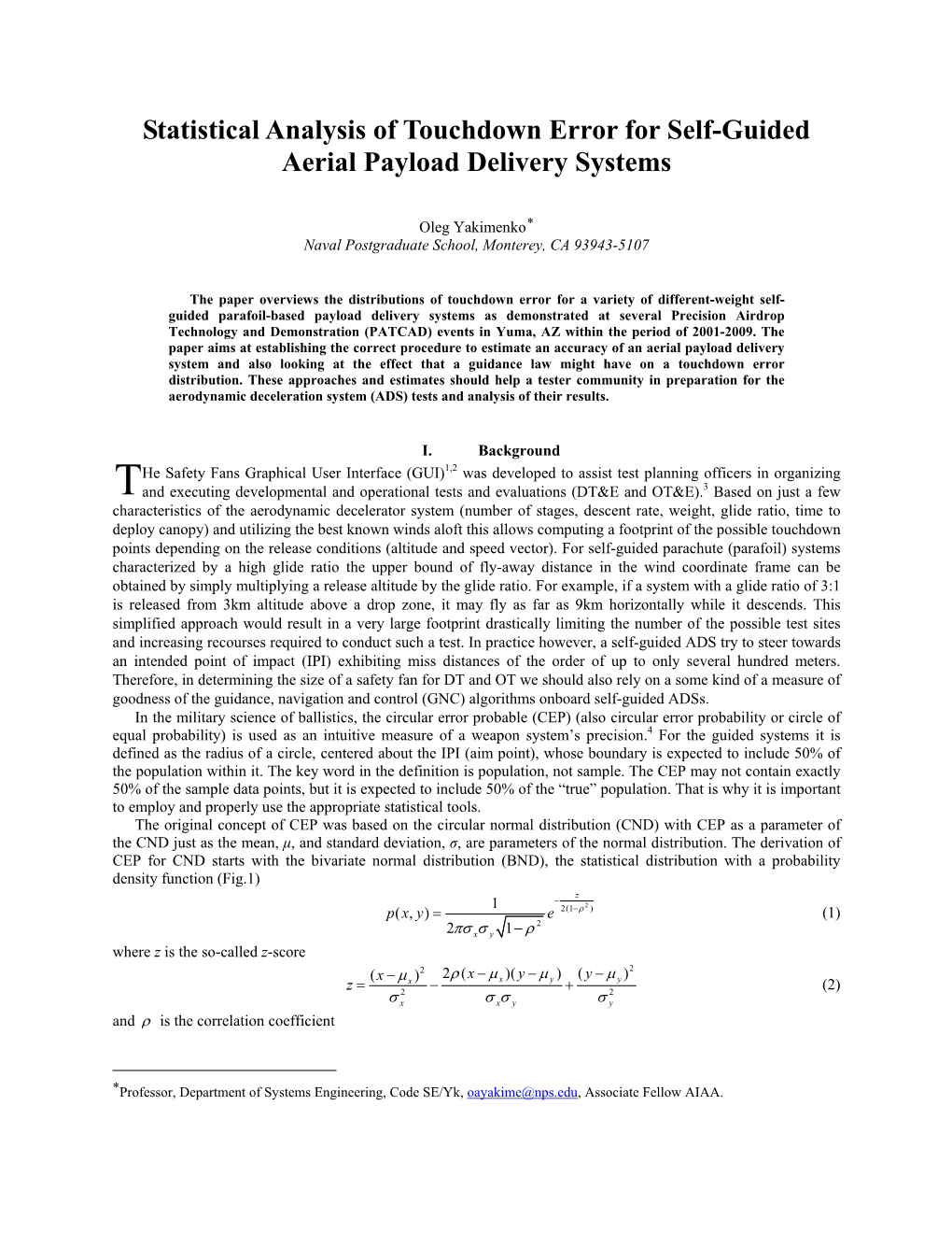 Statistical Analysis of Touchdown Error for Self-Guided Aerial Payload Delivery Systems