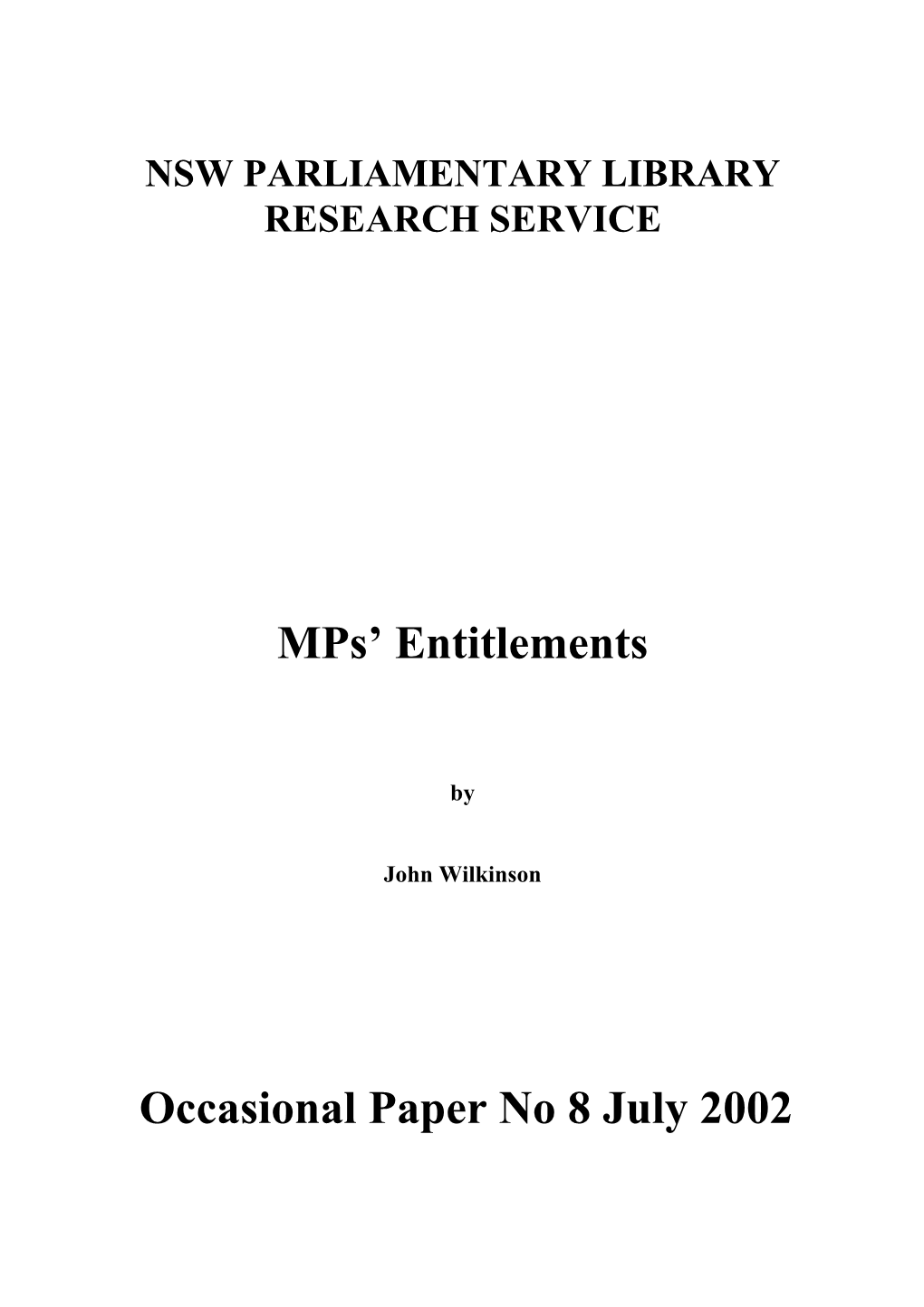 Mps' Entitlements Occasional Paper No 8 July 2002