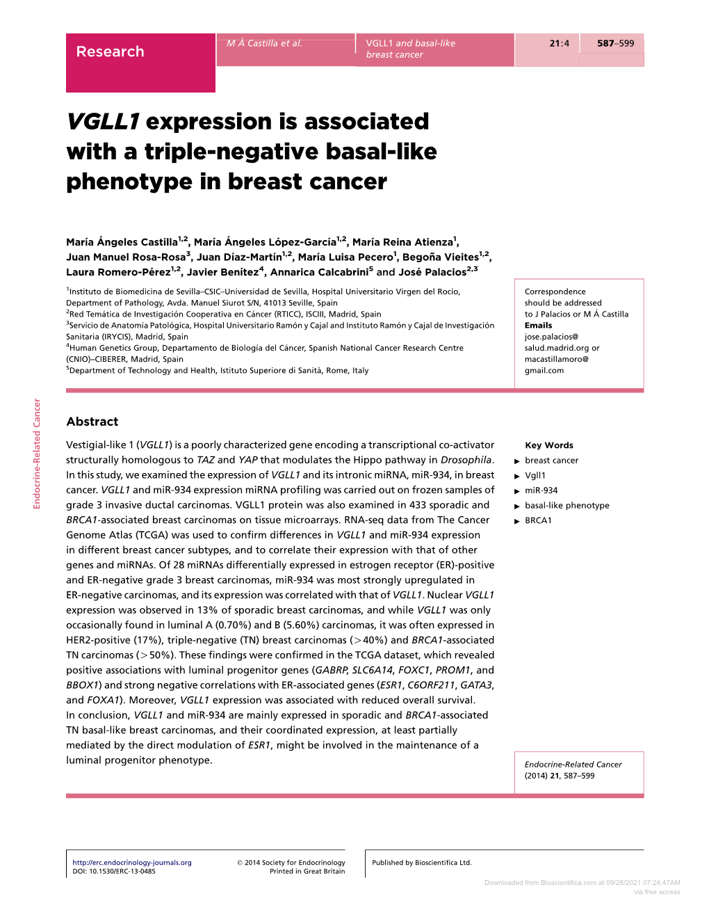 VGLL1 Expression Is Associated with a Triple-Negative Basal-Like Phenotype in Breast Cancer