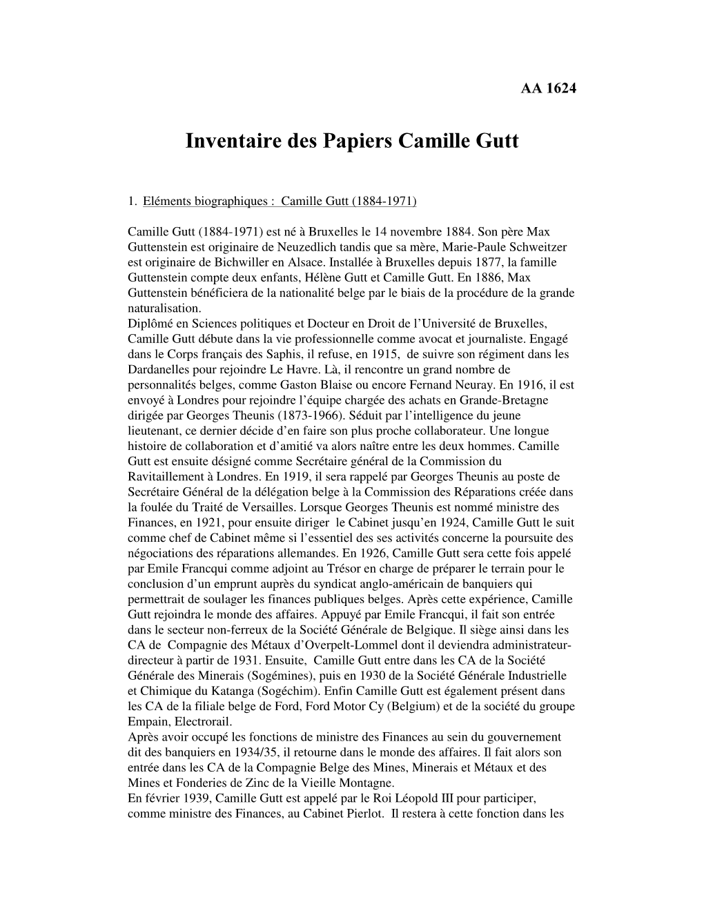 Inventaire Des Papiers Camille Gutt