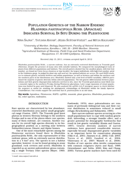 Population Genetics of the Narrow Endemic Hladnikia Pastinacifolia Rchb