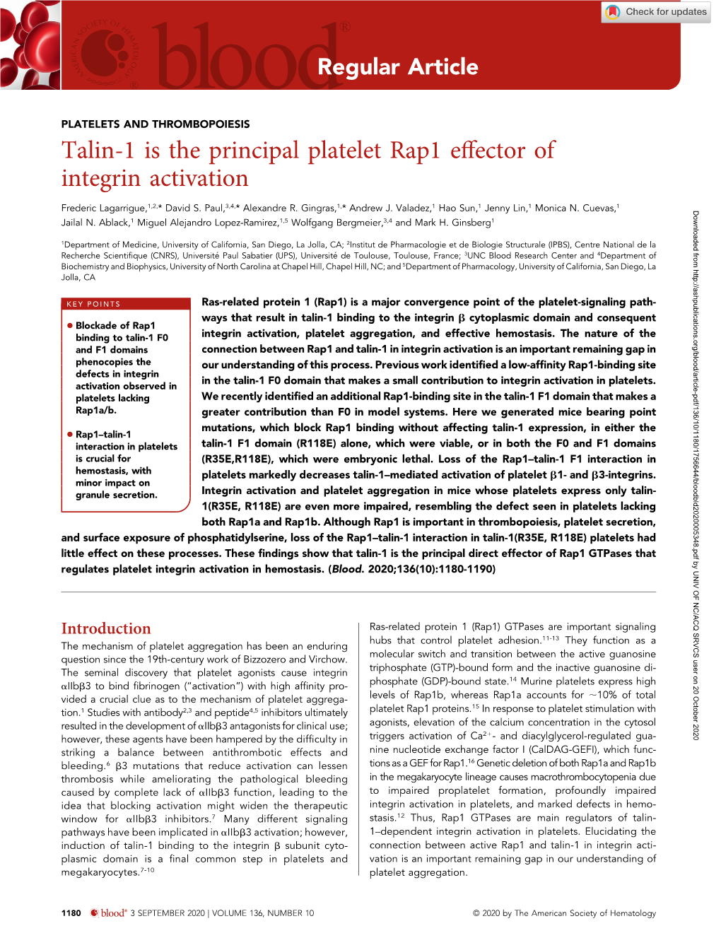 Talin-1 Is the Principal Platelet Rap1 Effector of Integrin Activation