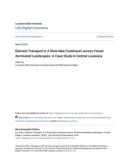 Element Transport in a River-Lake Continuum Across Forest- Dominated Landscapes: a Case Study in Central Louisiana