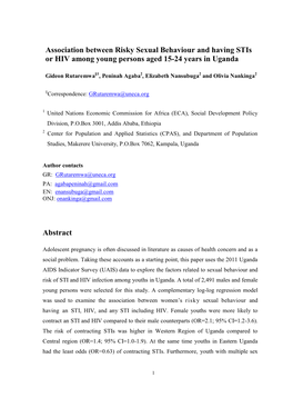 Association Between Risky Sexual Behaviour and Having Stis Or HIV Among Young Persons Aged 15-24 Years in Uganda