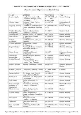 List of Approved Contractors for Housing Adaptation Grants