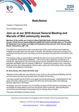 Join Us at Our 2019 Annual General Meeting and Marvels of Mid Community Awards