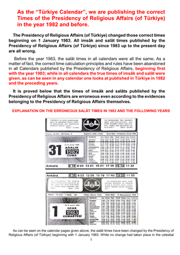 We Are Publishing the Correct Times of the Presidency of Religious Affairs (Of Türkiye) in the Year 1982 and Before