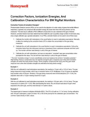 Correction Factors, Ionization Energies, and Calibration Characteristics for BW Rigrat Monitors