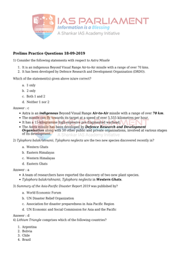 Prelims Practice Questions 18-09-2019