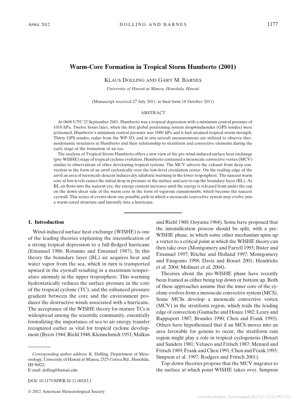 Warm-Core Formation in Tropical Storm Humberto (2001)