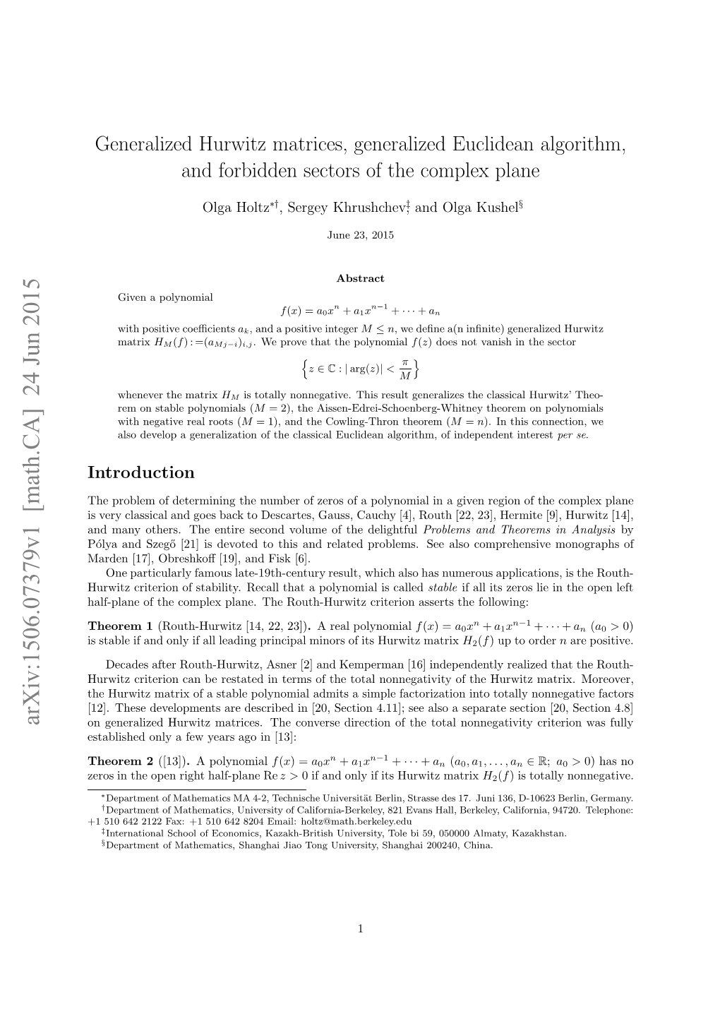 Generalized Hurwitz Matrices, Generalized Euclidean Algorithm