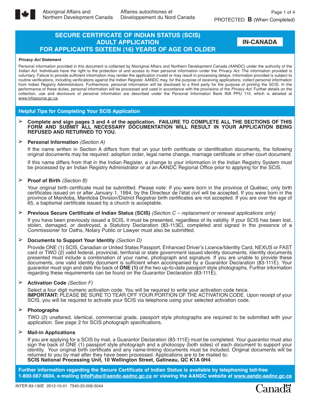 Qwewrt U Aboriginal Affairs and Affaires Autochtones Et Page 2 of 4 Northern Development Canada Développement Du Nord Canada Protected B (When Completed)