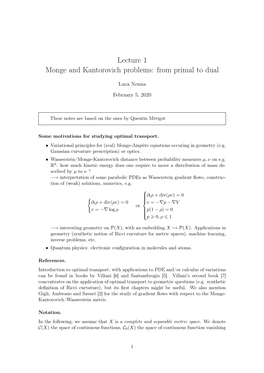 Lecture 1 Monge and Kantorovich Problems: from Primal to Dual