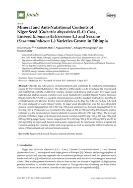Mineral and Anti-Nutritional Contents of Niger Seed (Guizotia Abyssinica (L.F.) Cass., Linseed (Linumusitatissimum L.) and Sesam
