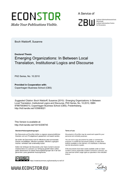 Emerging Organizations: in Between Local Translation, Institutional Logics and Discourse