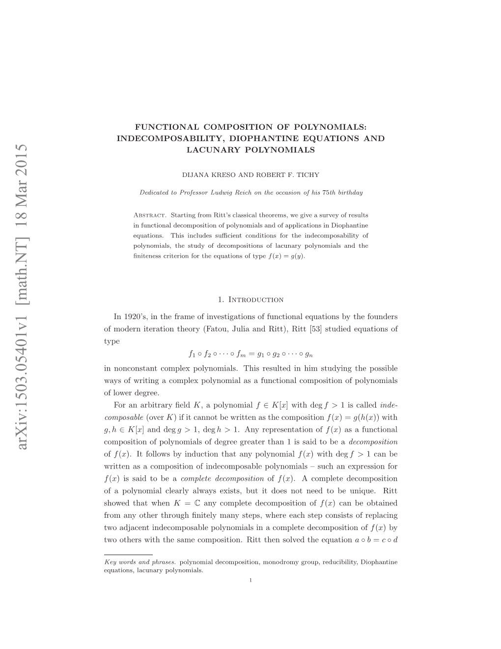 Arxiv:1503.05401V1 [Math.NT] 18 Mar 2015 W Teswt H Aecmoiin Itte Ovdteequation the Solved Then Ritt Composition