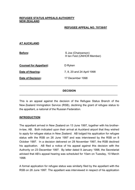 Refugee Status Appeals Authoritydraft Copy 1