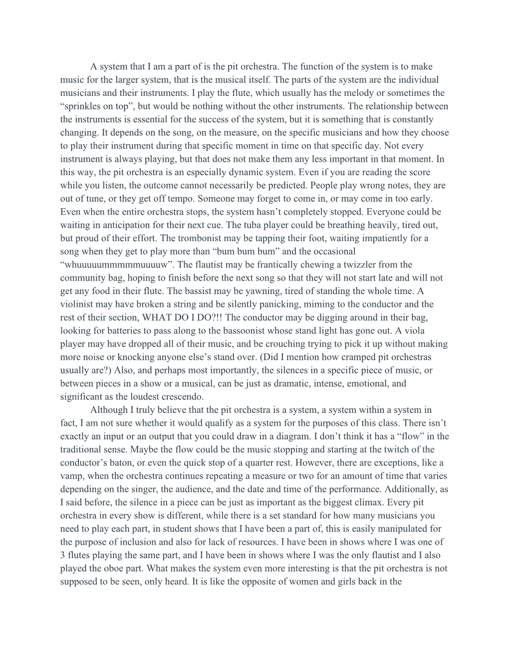 A System That I Am a Part of Is the Pit Orchestra. the Function of the System Is to Make Music for the Larger System, That Is the Musical Itself
