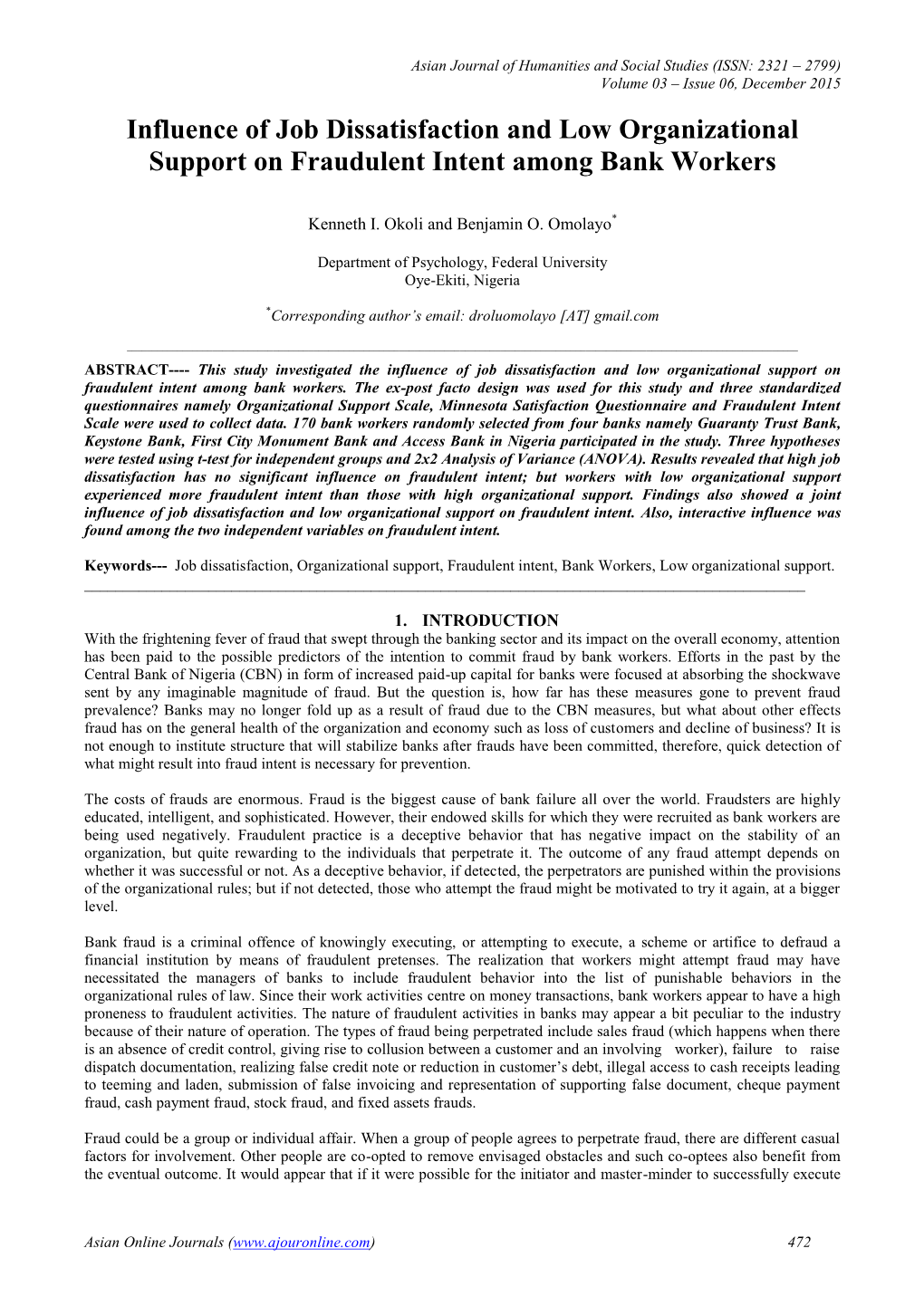 Influence of Job Dissatisfaction and Low Organizational Support on Fraudulent Intent Among Bank Workers