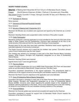 HEAPEY PARISH COUNCIL MINUTES of Meeting Held 5 November 2013 at 7.30 Pm in St Barnabas Church, Heapey. Present Cllrs M Osborne