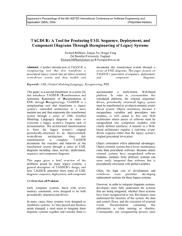 TAGDUR: a Tool for Producing UML Sequence, Deployment, and Component Diagrams Through Reengineering of Legacy Systems